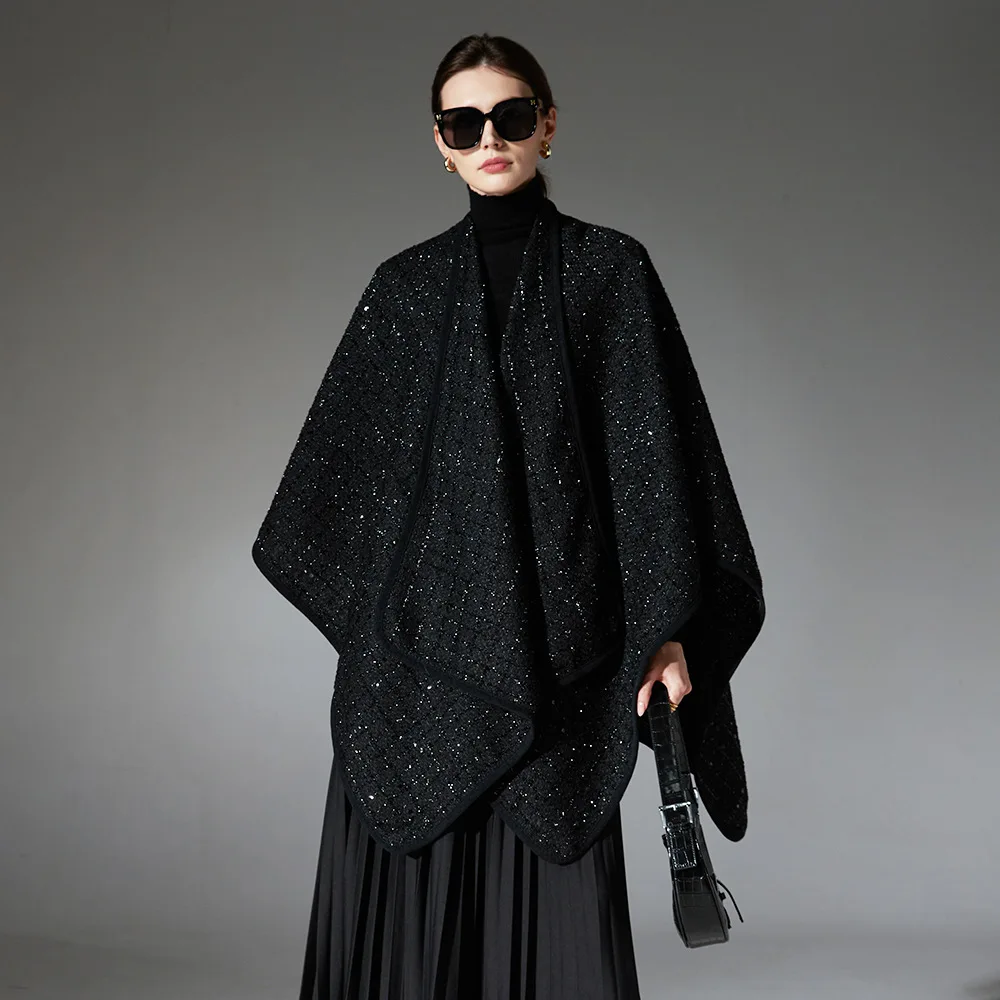 

Delicate Women Sequin Bright Yarn With Wool Cape Elegant Poncho Spring Autumn Winter Outerwear Long Wraps Shawl