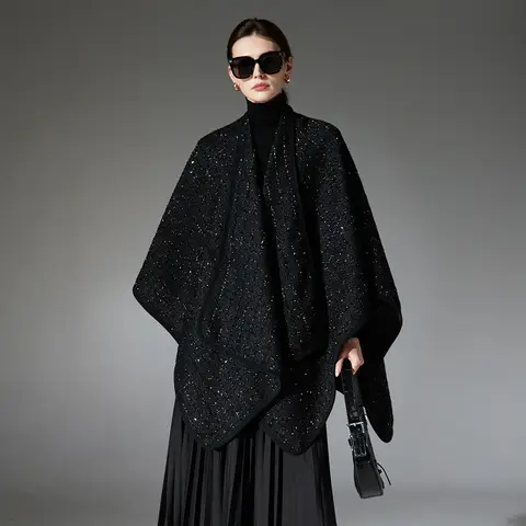 Delicate Women Sequin Bright Yarn With Wool Cape Elegant Poncho Spring Autumn Winter Outerwear Long Wraps Shawl