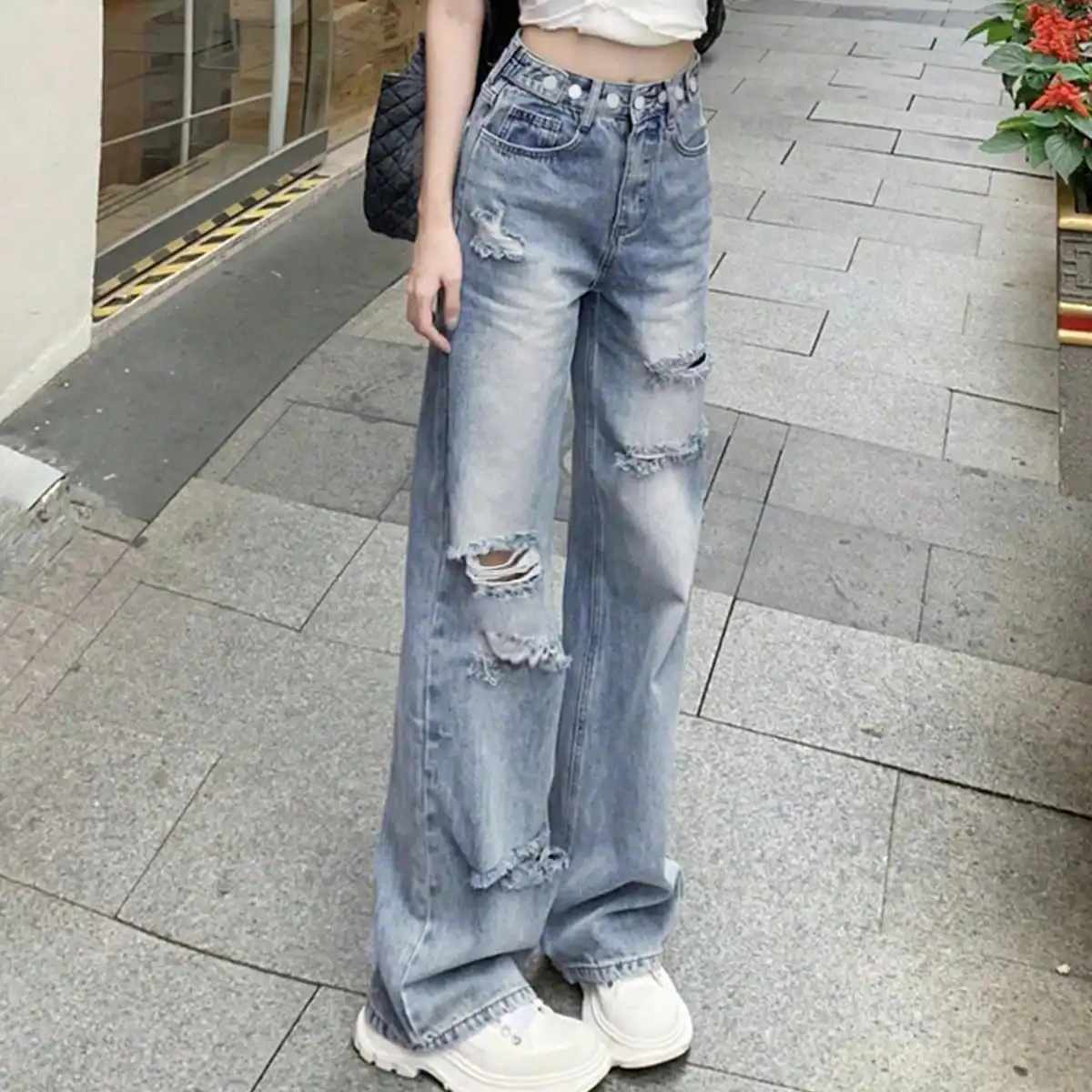 Korean Chic Niche Ins Large Hole High Waist Loose Slim Floor Mopping Pants Drapedy Denim Pants for Women