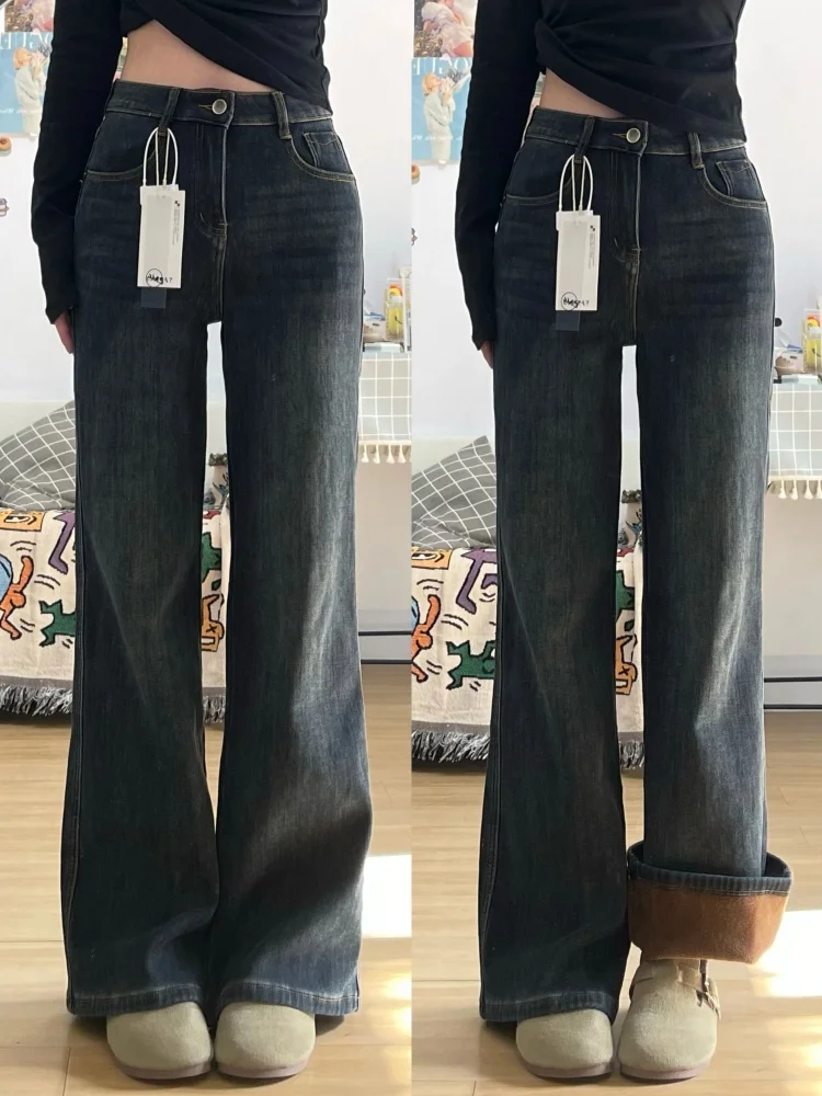 

Женские расклешенные джинсы с высокой талией и подкладкой, осень-зима, большие размеры, утягивающие брюки-колокольчики, повседневные удобные