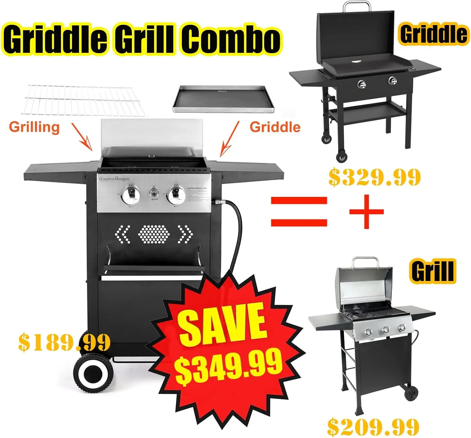 2 Burner Griddle Grill Combo,2 in 1 Propane Gas BBQ Grill,Outdoor Flat Top Grill, 20,000 BTU Output Small Propane Barbecue Grill