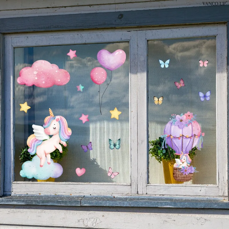 Cartoon Animals Hot Air Balloons Cloud Stars Unicorns Window Sticker For Children Room Pink Unicorn Window Electrostatic Sticker