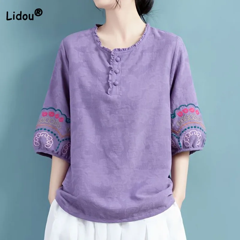 

Summer Women's Clothing Casual Vintage Embroidery Solid Color T-shirt 2023 Fashion All-match Half Sleeve Round Neck Tops Female