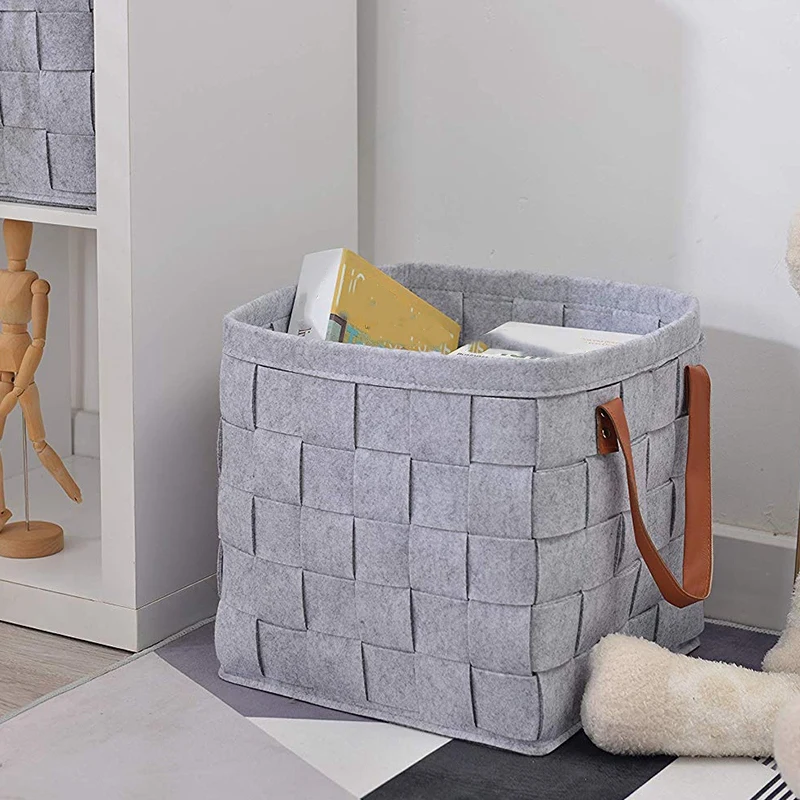 Felt Storage Baskets With Handles Soft Durable Toy Storage Nursery Bins Home Decorations (Grey)