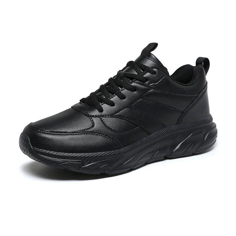 Pure Black PU Leather Sneakers Men Casual Shoes Thick Soles Big Size 47 48