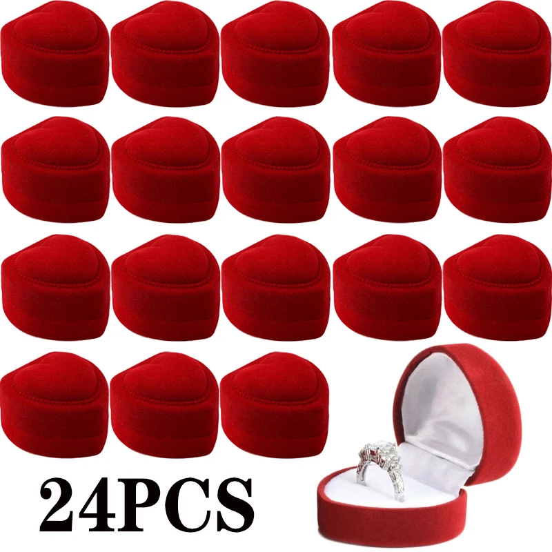 

24pcs Red Velvet Heart Ring Box Jewelry Display Case Holder Gift Boxes Wedding Romantic Organizer Engagement Ring Case Wholesale