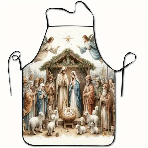 1pc 2D Good Shepherd Angel Religious Apron, Easter Christmas Themed Kitchen Apron, Unisex for Baking, BBQ and Church Events