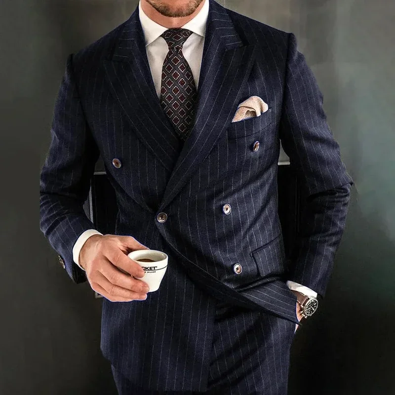 2 Piece Elegant Wedding Men Suits Regular Length Navy Blue Double Breasted Peak Lapel Stripe  Jacket Pants Outfits Costume Homme