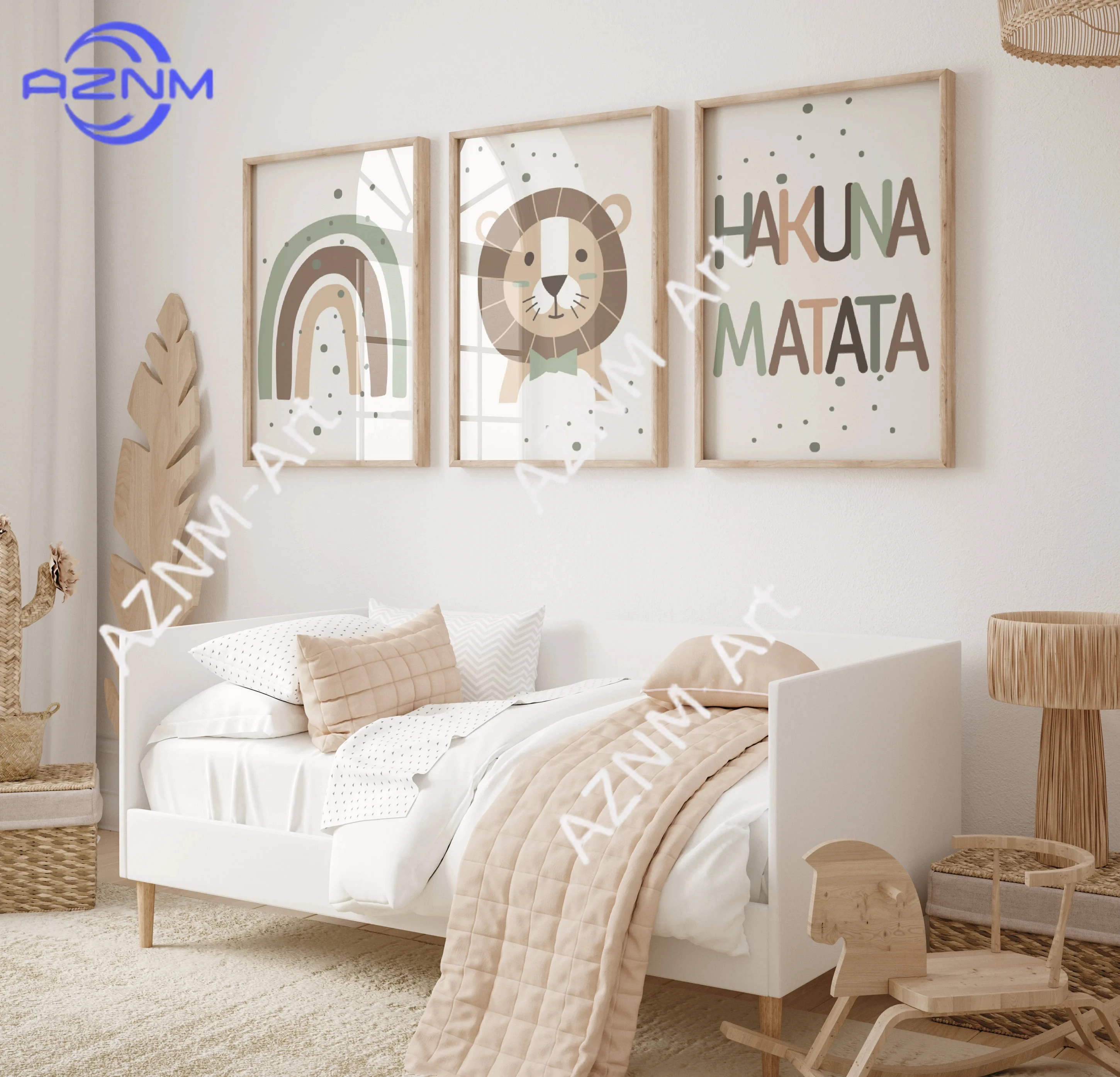 1PC/3PCS Boho Jungle Animal Wall Art Print for Children Room Rainbow Lion Nursery Child Kids Sage Green Decor