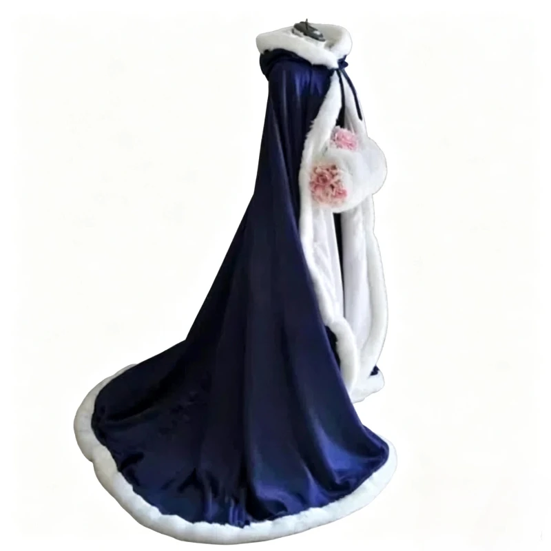 Navy Blue Hooded Cloak Bridal Cloak Winter Long Faux Fur Bordered Wedding Cloak Custom Size Fur Wrap