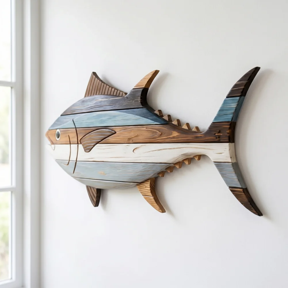 3 Pcs Wooden Fish Wall Art Nautical Coastal Theme Wall Decor Vintage Beach Wall Sculpture Lake House Hanging Ocean Ornament for