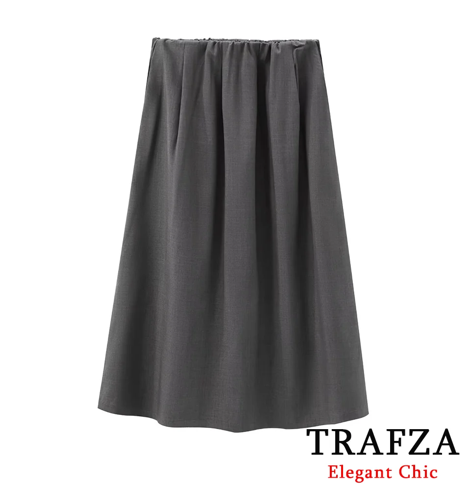 

TRAFZA-Women Fashion A-Line Skirt Elastic Waist Solid Half Skirt New 2024 Spring Autumn Elegant Commuter Office Lady Skirt