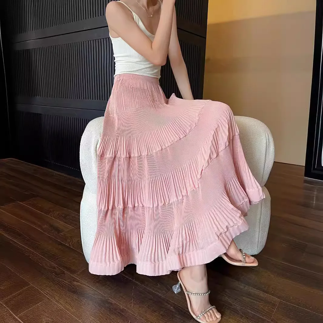 High Waist Skirts For Women Spring Summer New Solid Colour Elegant Ruffles A-Line Stretch Miyake Pleated Skirts Mid-Calf Length