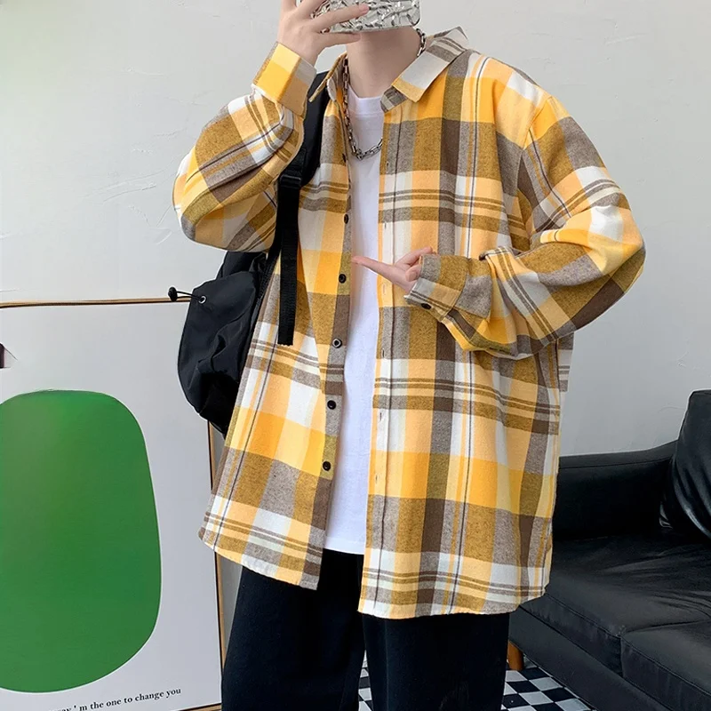 

Мужская рубашка в клетку больших размеров с длинным рукавом, свободного кроя, в студенческом стиле, городская, из смесового хлопка и полиэстера, тонкая верхняя одежда для осени и весны