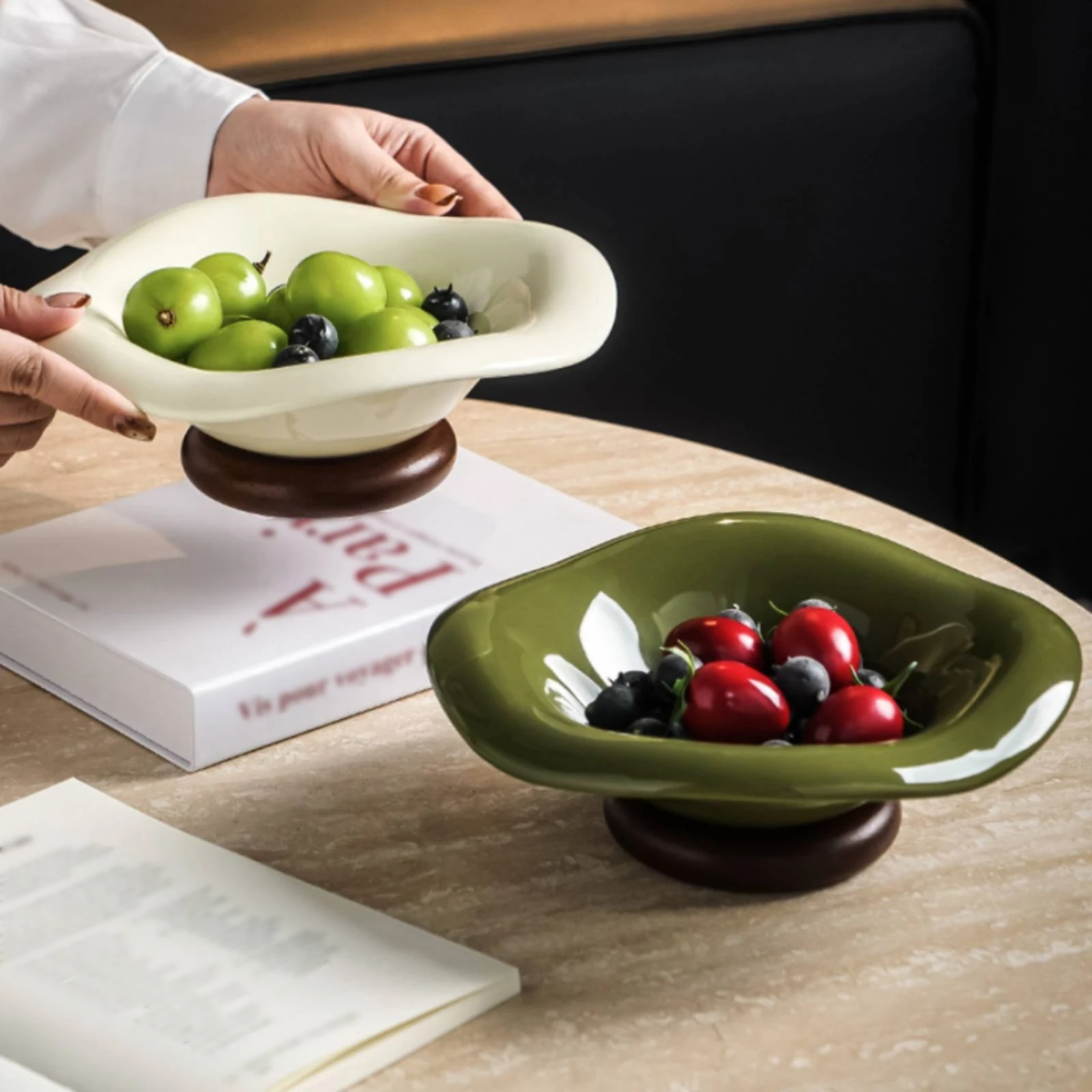 Ceramic Fruit Tray Wavy Rim Wood Base Fruit Tray Tableware Elevated Display for Table Presentation