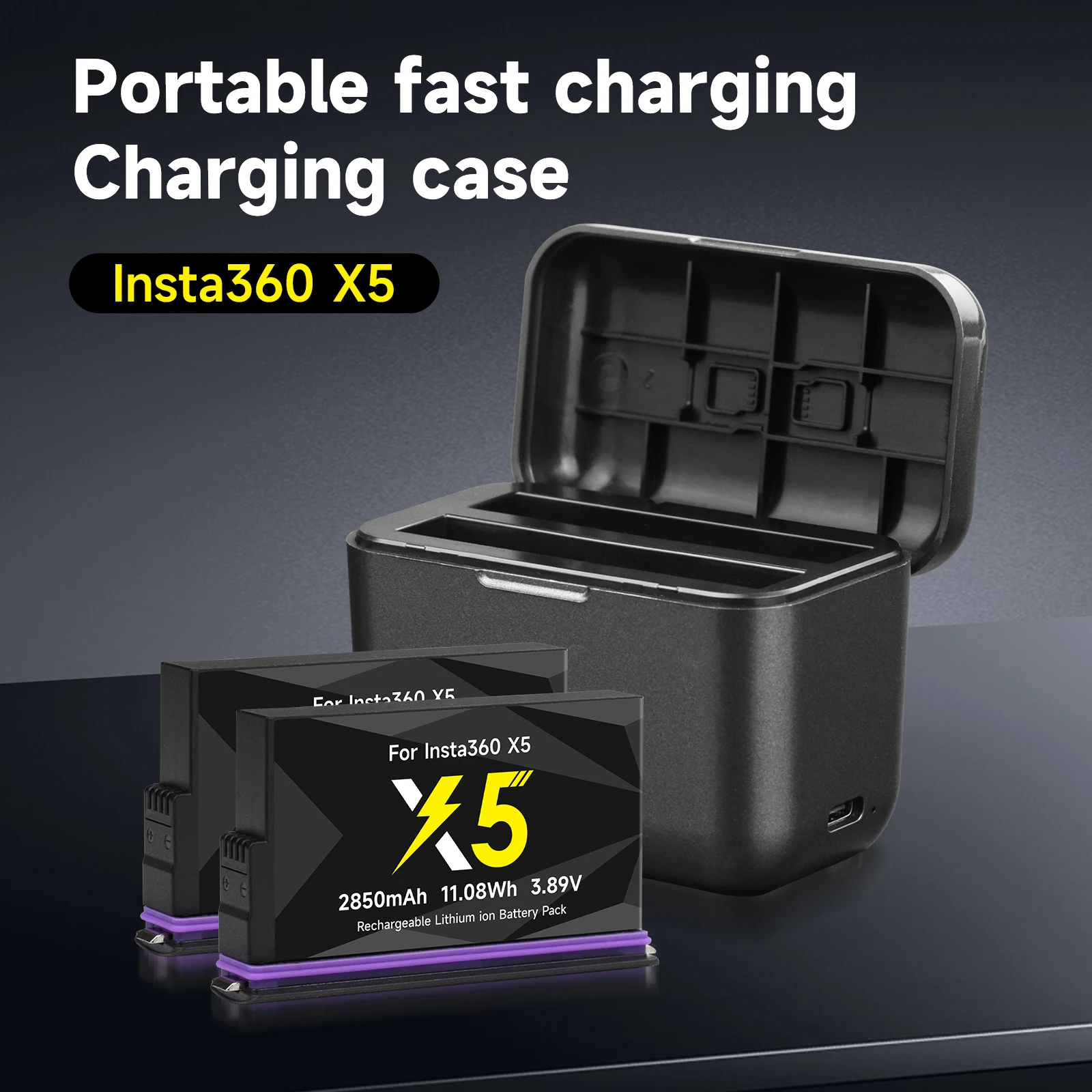 2850mAh For Insta360 X5 Camera Battery With 2-Slots Charger And Gift Battery Storage Box + Type-C Cable