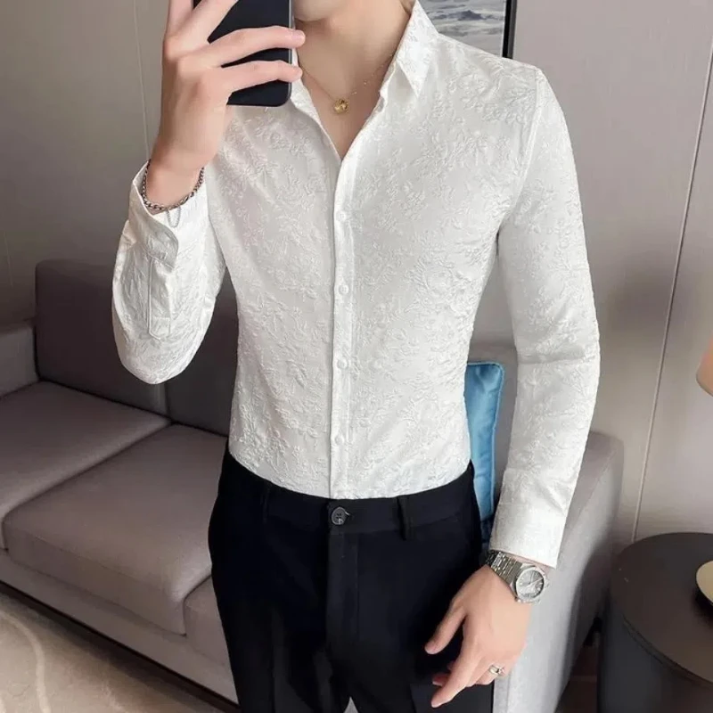 Smart Casual Autumn New Men's Lapel Solid Jacquard Weave Single Breasted Fashion Elastic Slim Plus Velvet Long Sleeve Shirt Tops