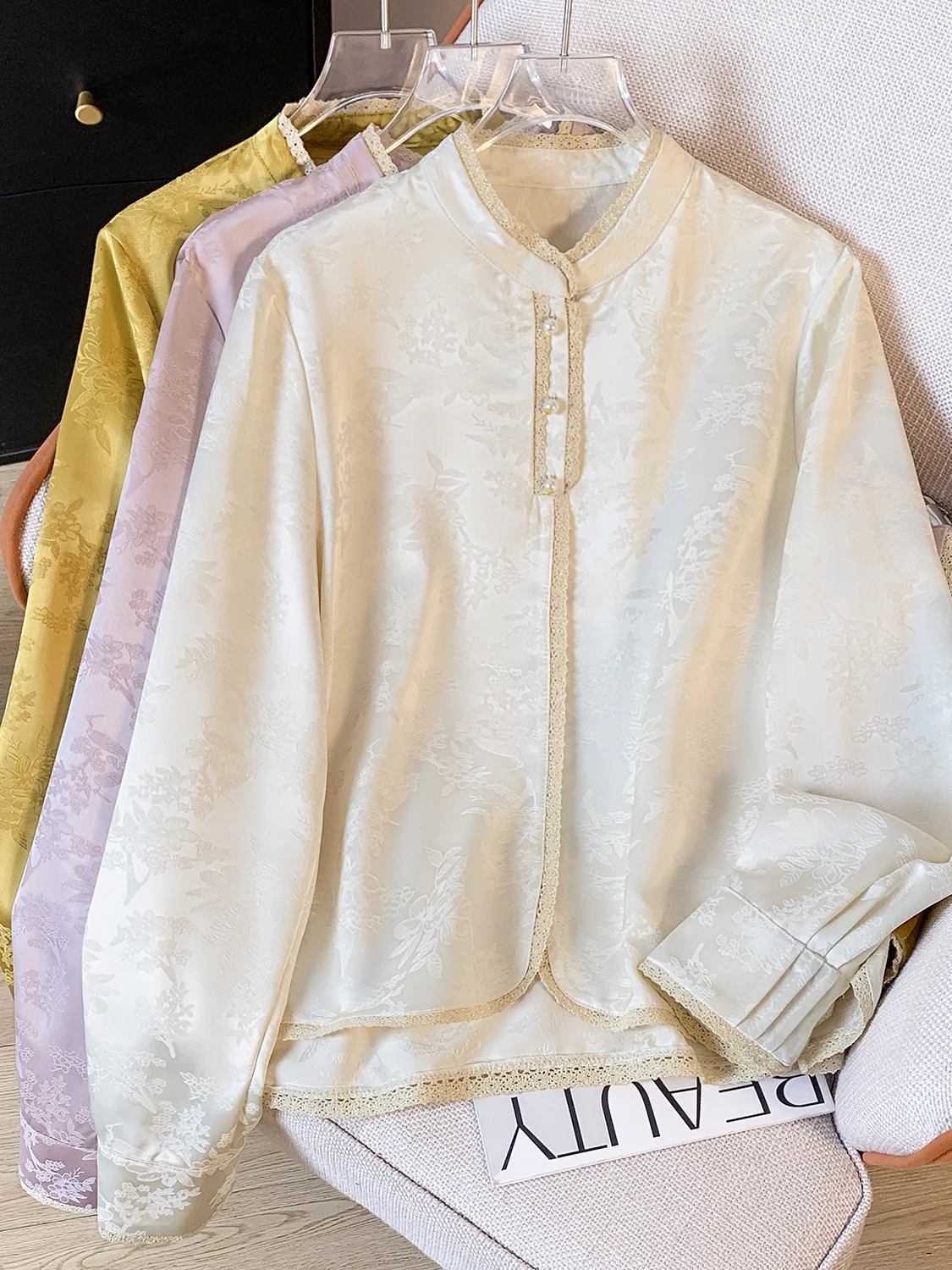 New Chinese Sle Long Sve Embroidered irt Women's Autumn High-End Floral Lace Splicing Beaded Stand Collar Base Top