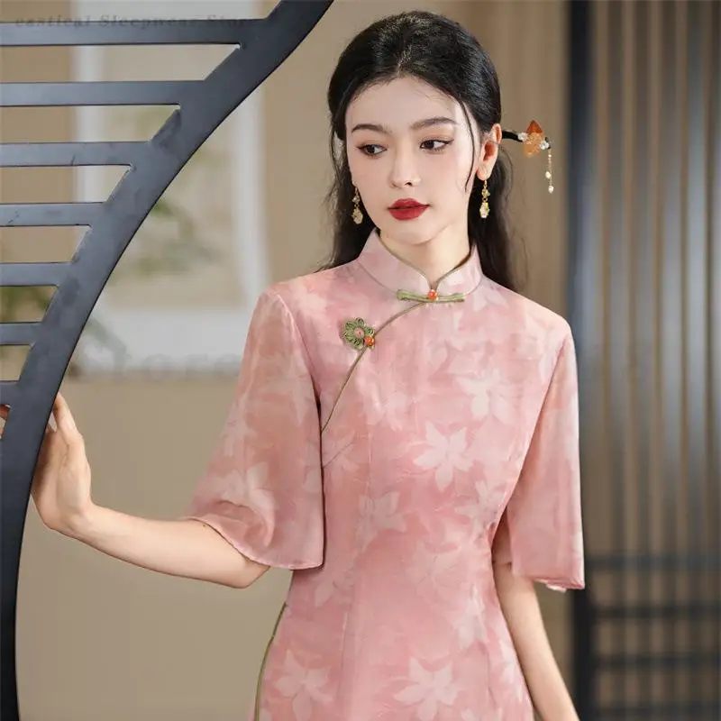 Rosa Langes Ao Dai Qipao Neues chinesisches bedrucktes Blumenkleid Traditionelles Stehkragen Cheongsam Vintage Abendpartykleid