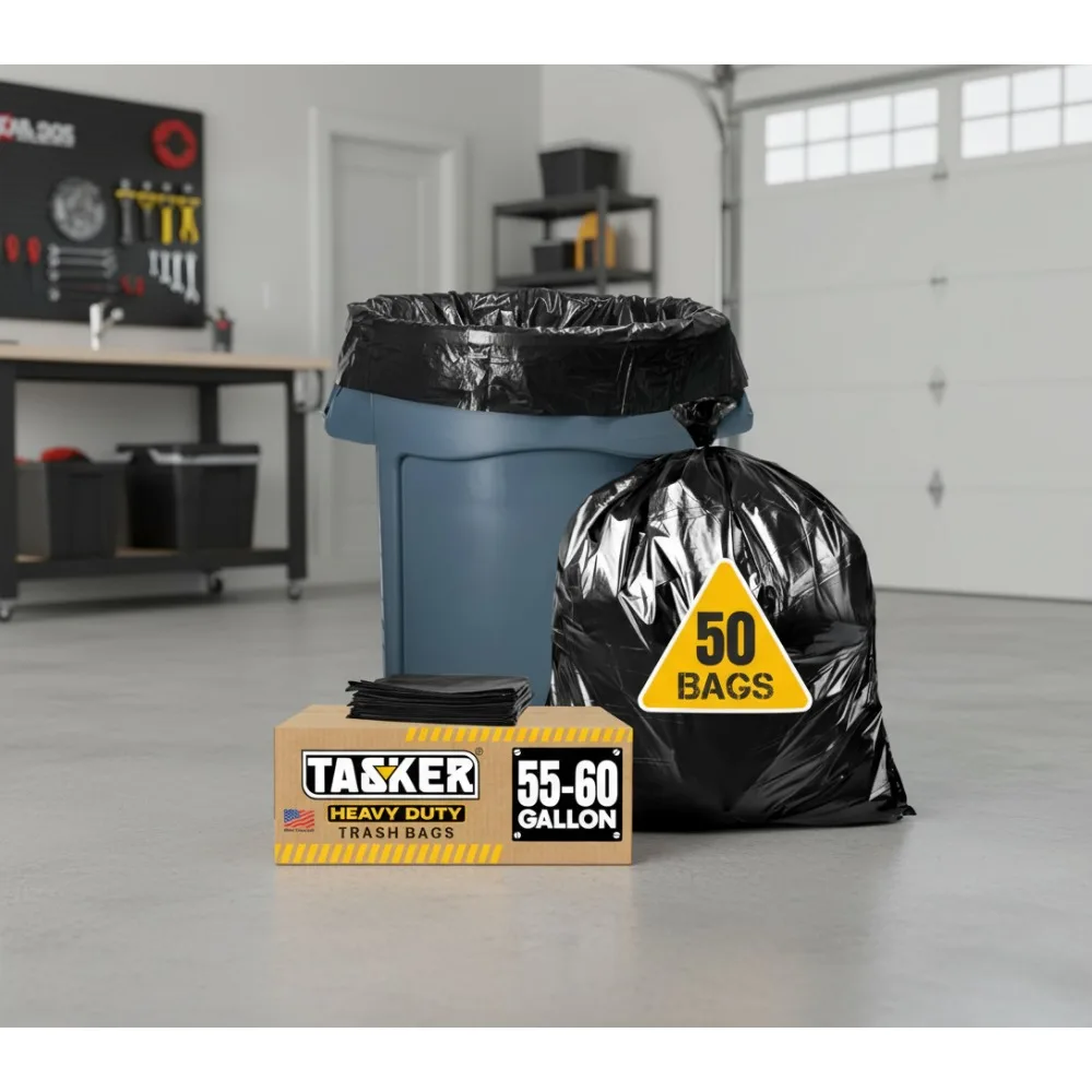 

Heavy Duty 55-60 Gallon Trash Bags, 50 Count with Ties, Puncture Resistant for Outdoor and Industrial Use