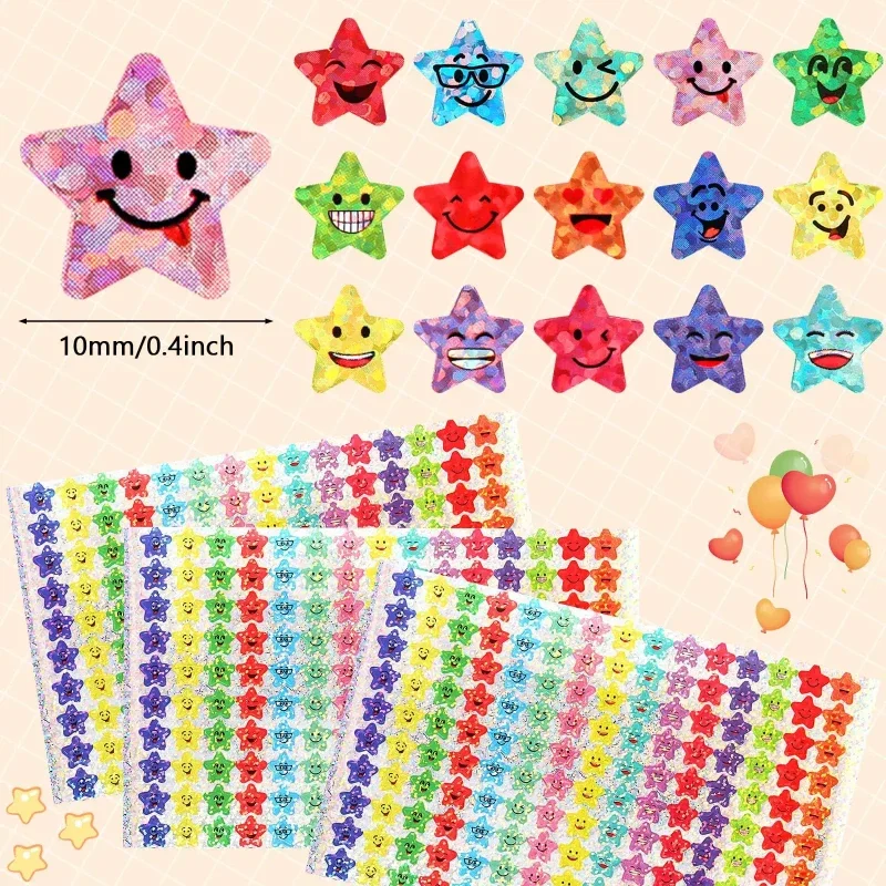 1500 Pcs Glitter Foil Small Star Stickers,15 Designs Happy Face Stickers for Student Reward image 2
