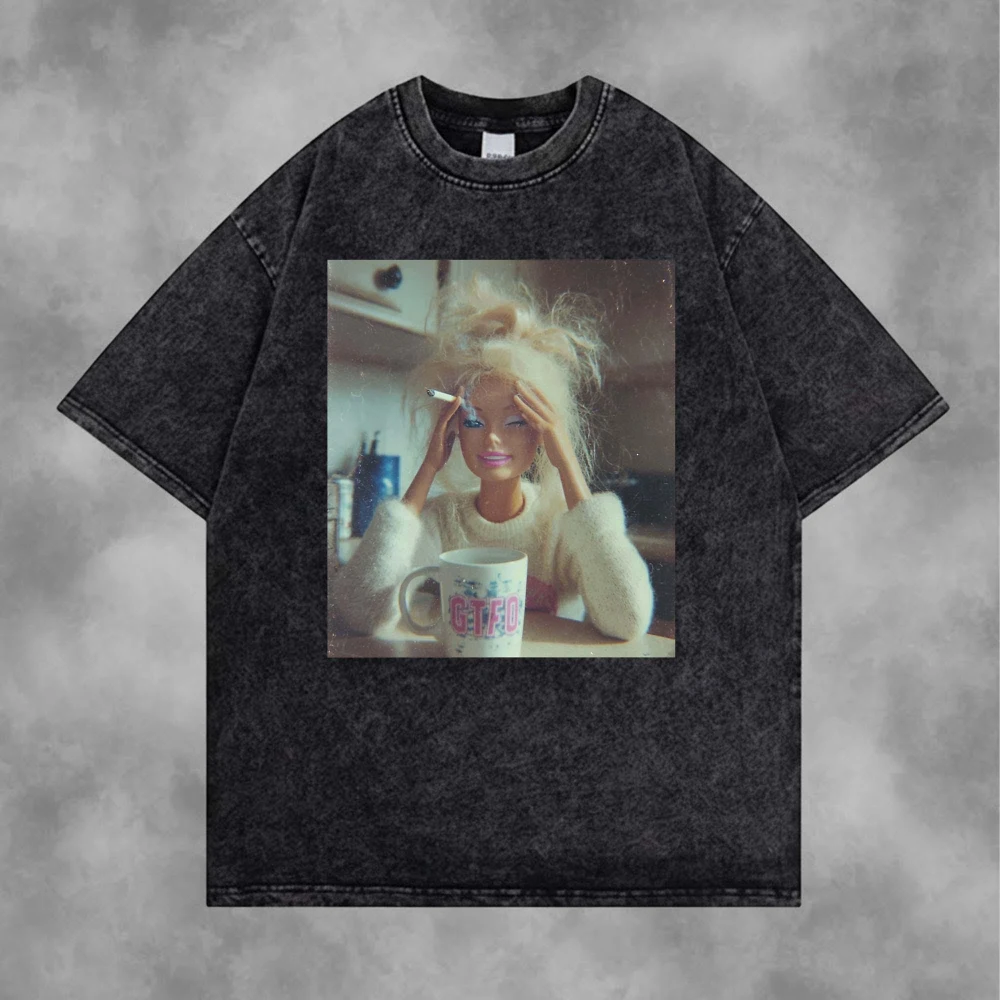 Fun distressed doll pattern T-shirt smoking doll emoji streetwear T-shirt  Unisex all-season streetwear shirt shirts for men