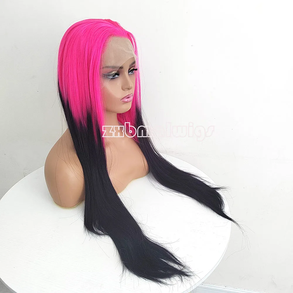 Wig rambut sintetis Ombre merah muda ke hitam renda depan Wig lurus berwarna tanpa lem 13x4 Wig Frontal renda transparan