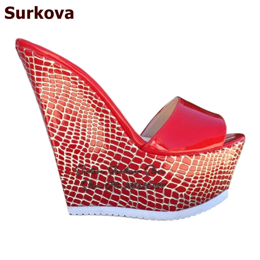 Surkova Red White Black Snakeskin Wedged Heels Modern Slippers High Platform Slip-On Sandals Open Toe Patchwork Dress Shoes
