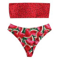 Women's Split Body Sexy Watermelon Printed Bikini Swimsuit Push-Up Swimwear Two Pieces Suits High Waist Strapless Bikini Sets