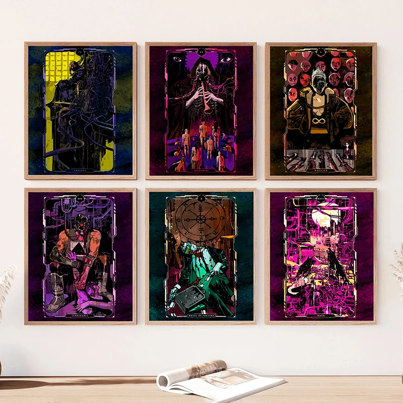 Neon Cyberpunk Game Tarot Card Retro Abstract Posters Canvas Painting Wall Art Picture for Living Room playroom Home Decor