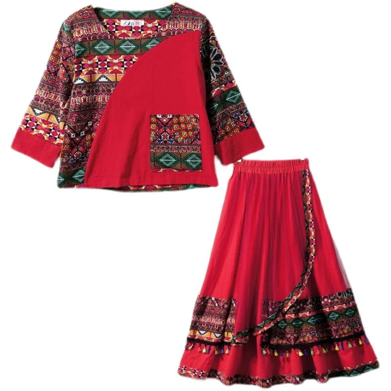 Ensemble deux pièces ethnique en coton et lin, T-shirt imprimé et jupe ter pour voyage, Photoaphy, Silhouette trapèze