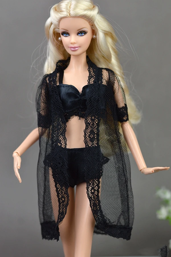 Acessórios para bonecas, pijama sexy preto, lingerie, roupa de dormir, casaco longo de renda, roupa noturna + sutiã + roupa íntima para boneca barbie