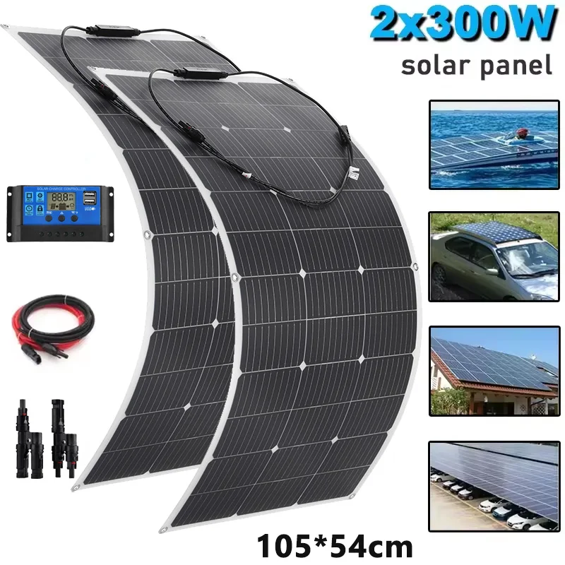 

600W 300W Portable Flexible Solar Panel Kit Monocrystalline Cells Outdoor Charger for Camping Yacht Street Light Emergency Car