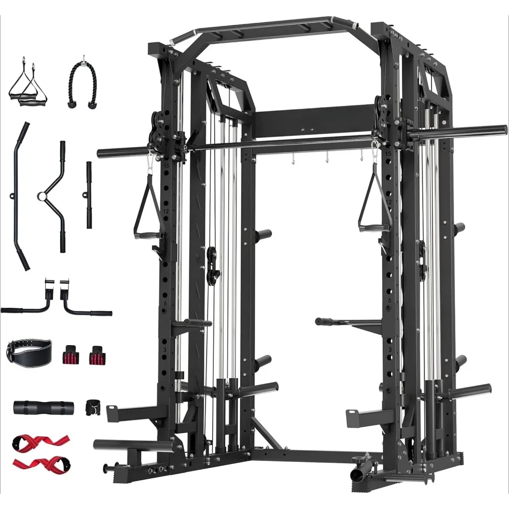 

Strength Training Smith Machines – All-in-One Home Gym Squat Rack with Weight Bar, Dual LAT Pull-Down Systems & Cable