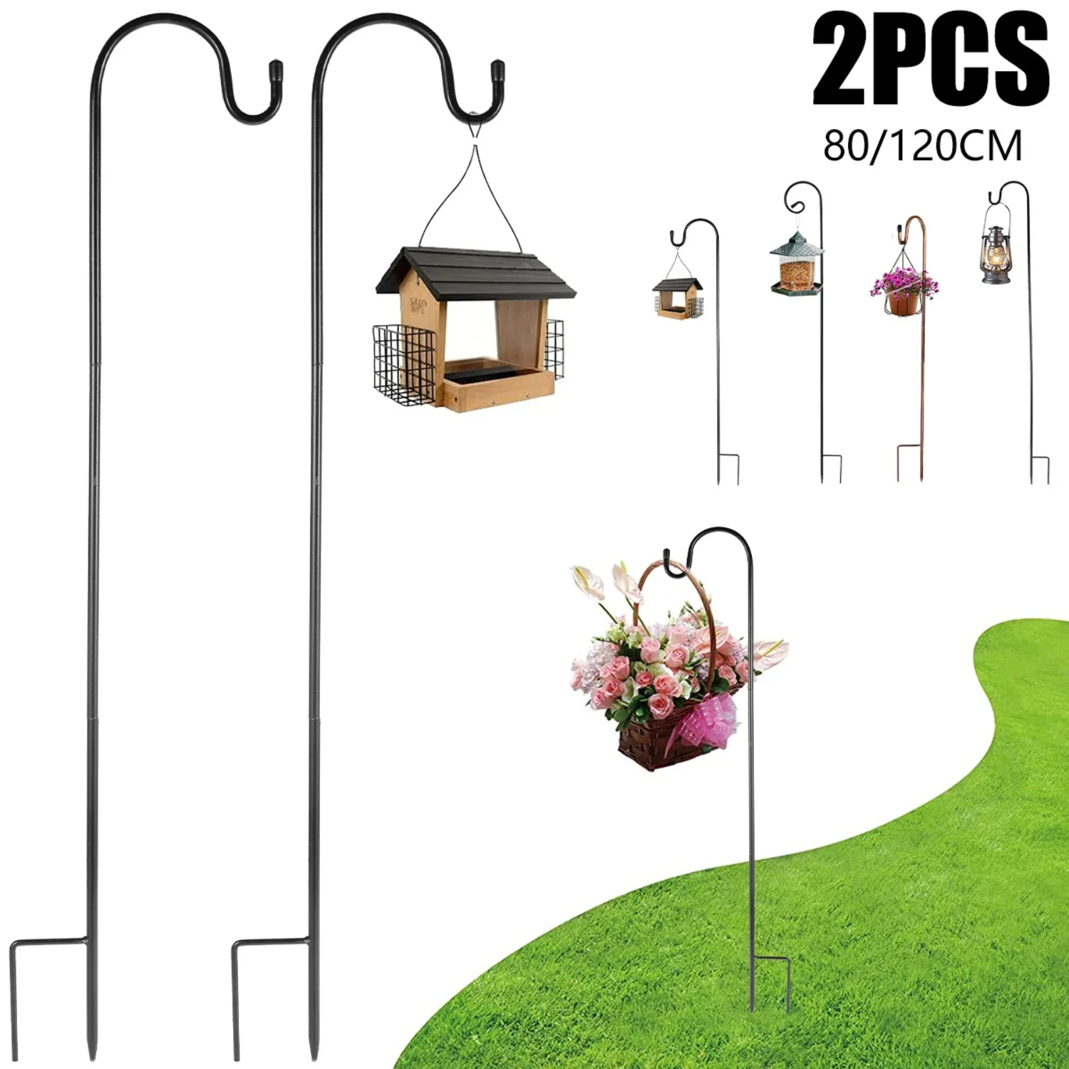 Beautiful Set of 2 Shepherds Iron Hanger Stakes for Hanging Plant, Bird Feeder, Flower Pot, Lantern - Outdoor Garden Lawn Decor