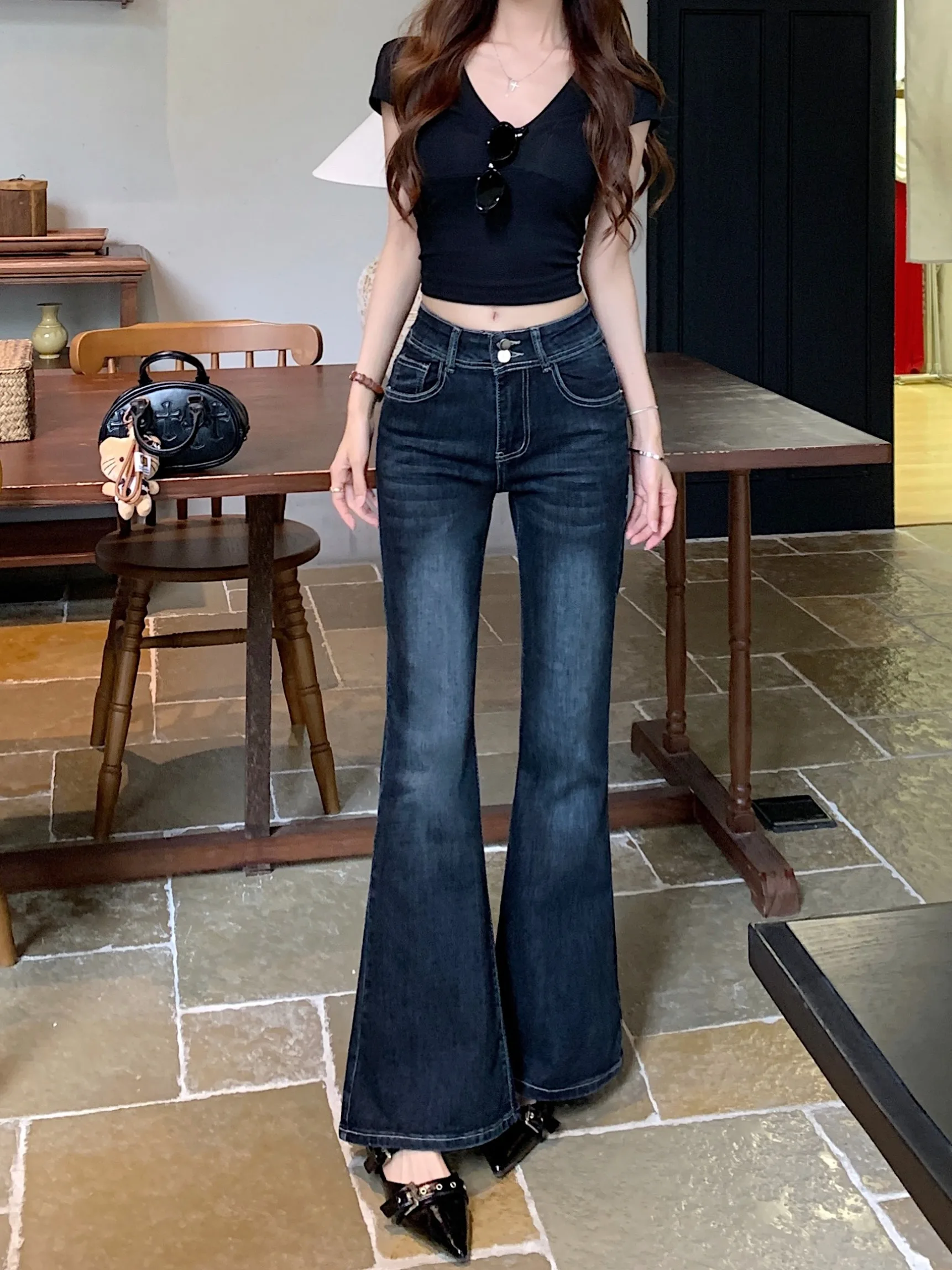 

Retro Two-Button Denim Flared Pants Women's Summer New Wash Slim Wide Leg Long Trousers Casual Standard Fit Low Stretch