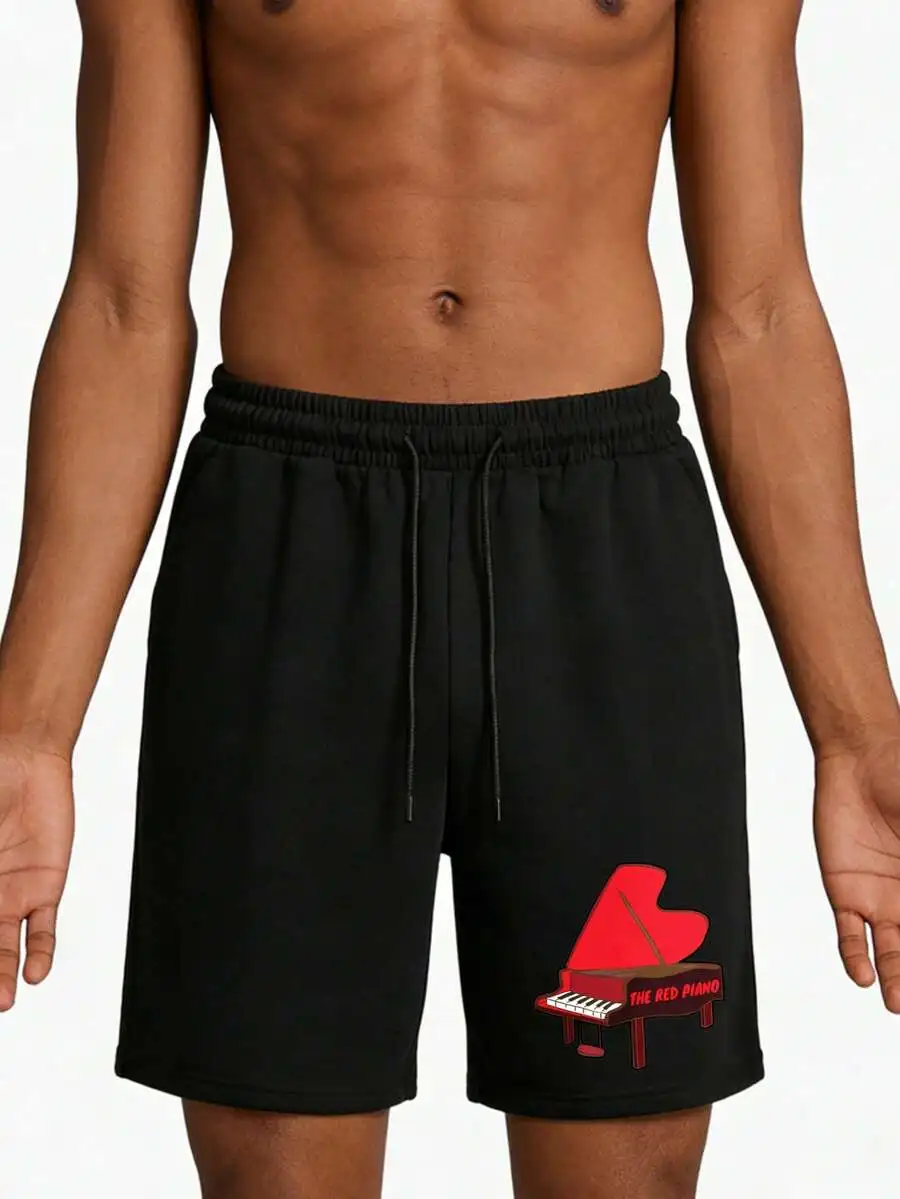 Mens Casual Drawstring Shorts With Red Heart-Shaped Piano Print, Breathable Comfortable For Sports Leisure