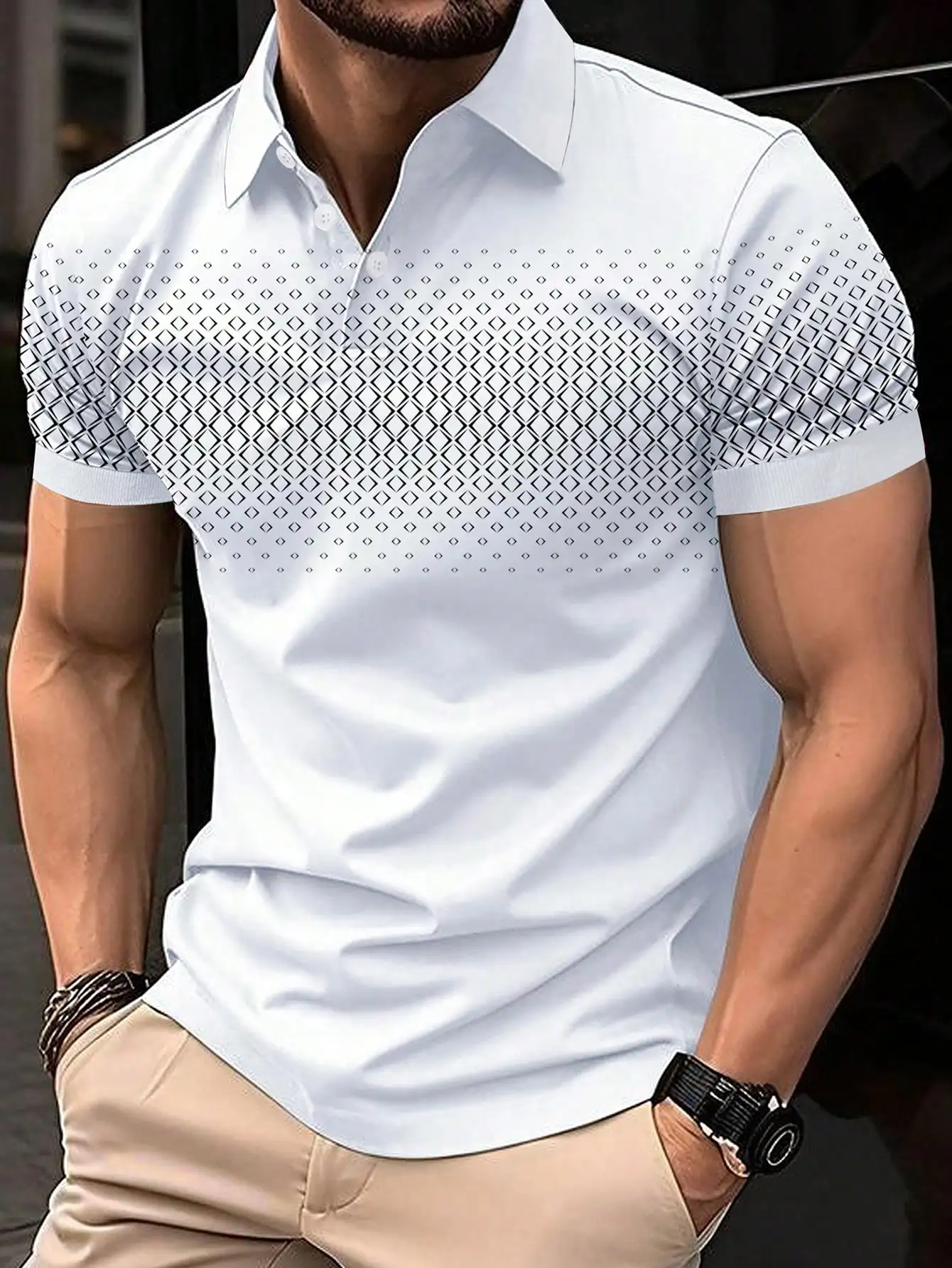 

Men's Slim Fit Short Sleeve Polo Shirt with Geometric Print Design