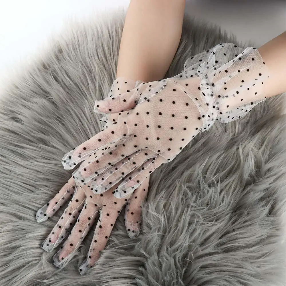 Tulle Autumn Summer Full Finger Lotus Leaf Stretchy Cycling Women Lace Gloves Korean Style Polka Dot Gloves Lace Gloves