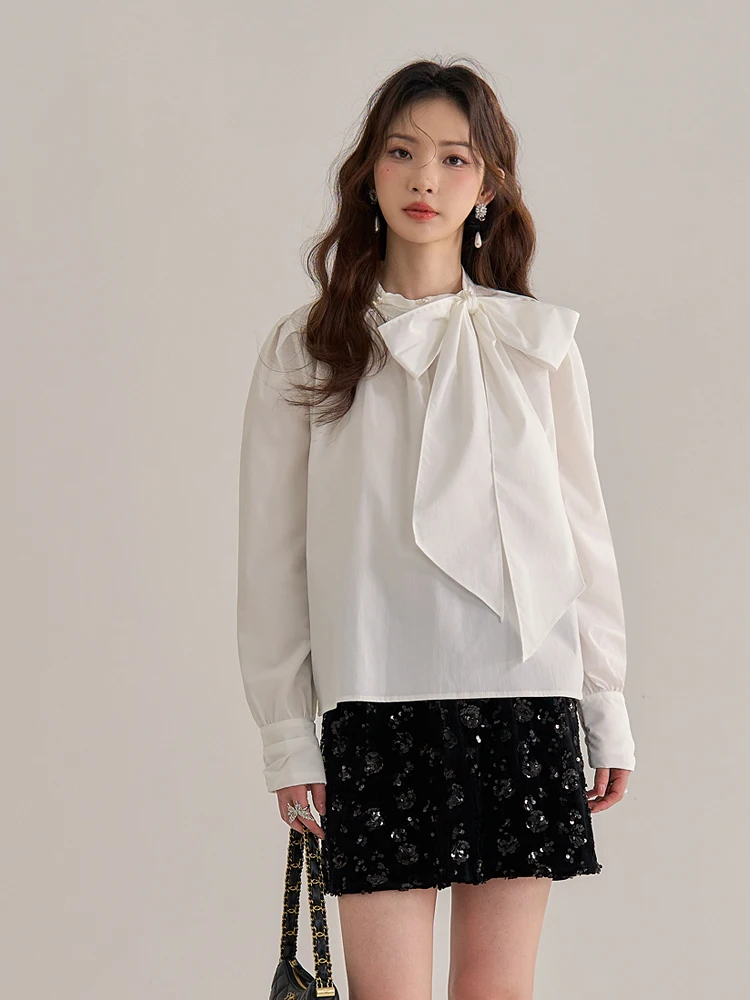 

Женская блузка Lycheerose с узлом, белая, уникальный красивый дизайн, французский стиль, прямой крой, длинный рукав, смесь полиэстера