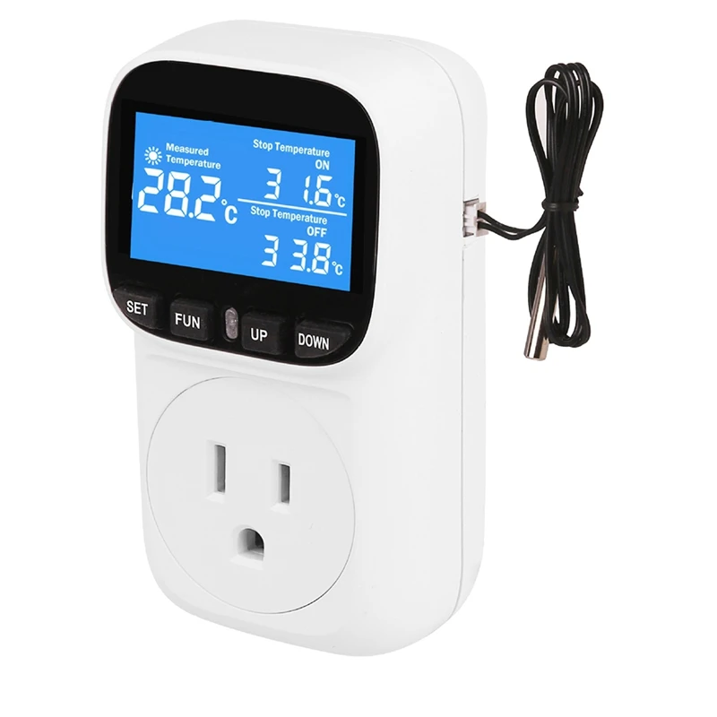 Digital Temperature Controller Socket Outlet Thermostat With Timer-Sensor Probe Heating Cooling Switch Backlight US Plug