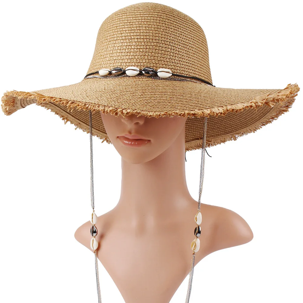 

New Women's Spring/summer Wide-brimmed Round-top Straw Hat With Shell Chin Strap Two-piece Set For Beach Vacation Sun Protection