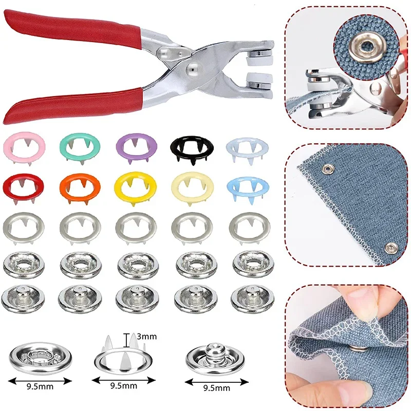 50/100Sets Metal Snaps Buttons with Fastener Pliers Press Tool Colored Claw Button Punch Eyelet Kit for DIY Craft Clothes Sewing