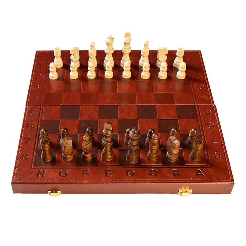 

Wood Chess Board Set Wooden Leather Box Non Magnetic Chess Board Foldable Portable Standard Version Table Game Outdoor Fun Kids