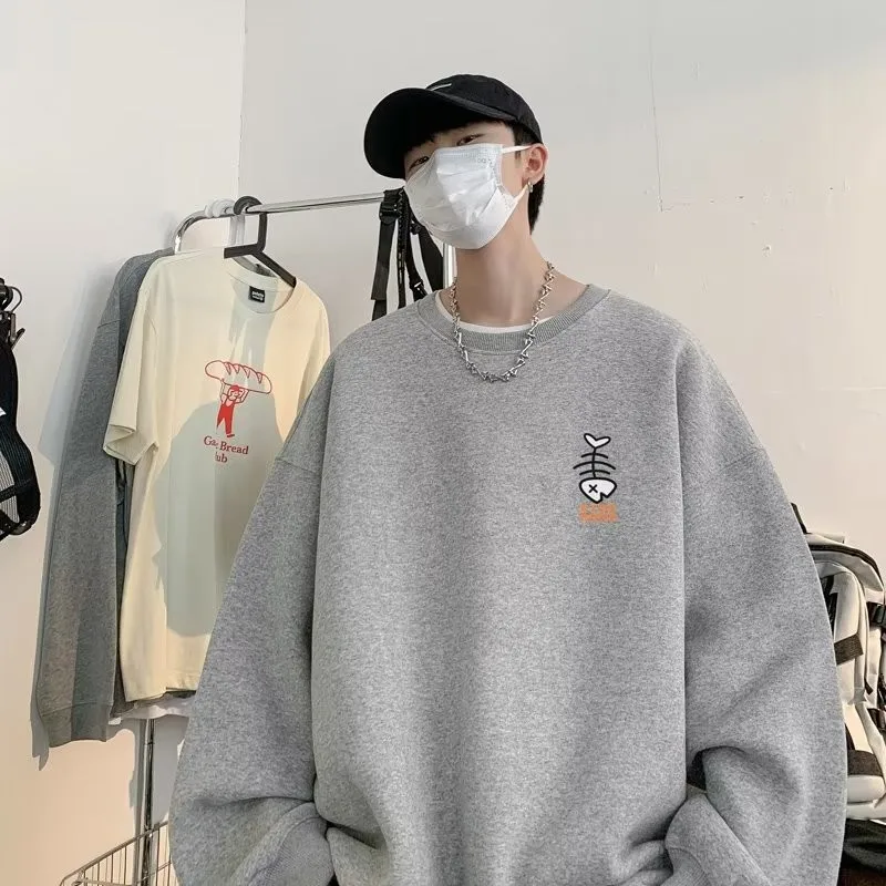 M-8XL Autumn Men Oversized Sweatshirts Fashion Loose Simple Graffiti Fishbones Print Long Sleeve Plus Velvet Couple Clothes
