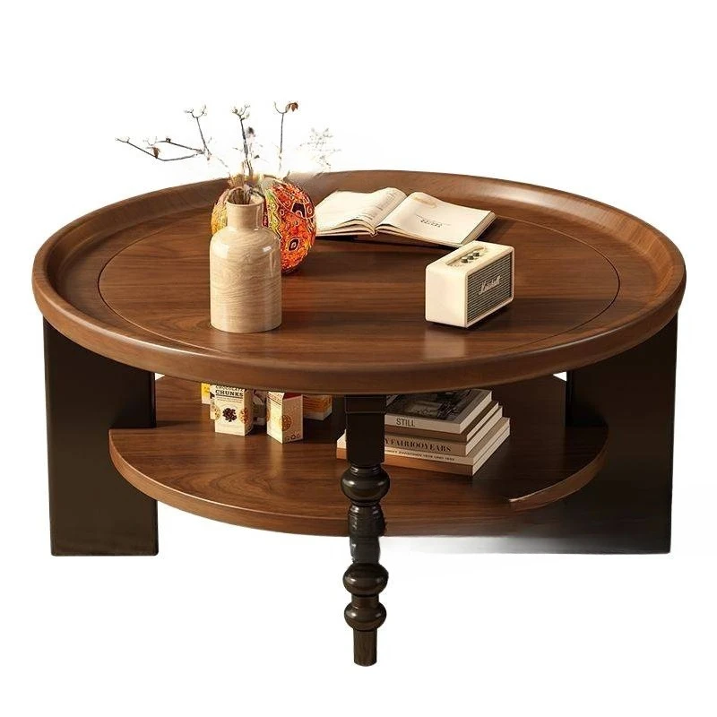 

Solid wood coffee table living room household small apartment round double layer