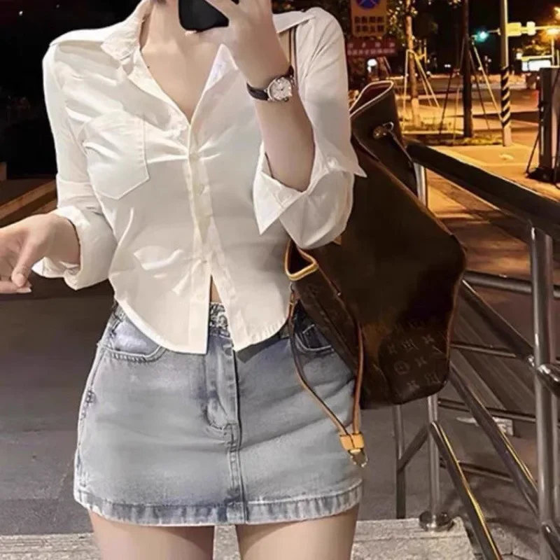 Poloshirt for Women Solid Color Blouse Collar Casual  Korean Long Sleeves Design Polo Tops Basic Fitted Women Shirt 2025 New