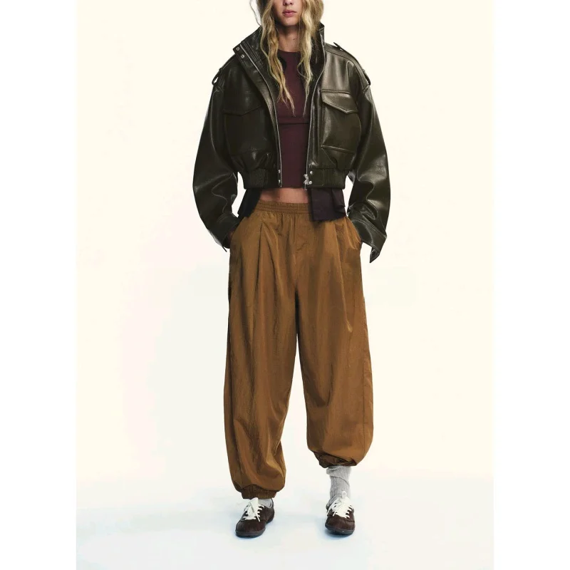 Automne femmes moto Sle ort Jaet avec ket PU cuir Long Sve col montant fermeture à glissière Faion vêtements d'extérieur
