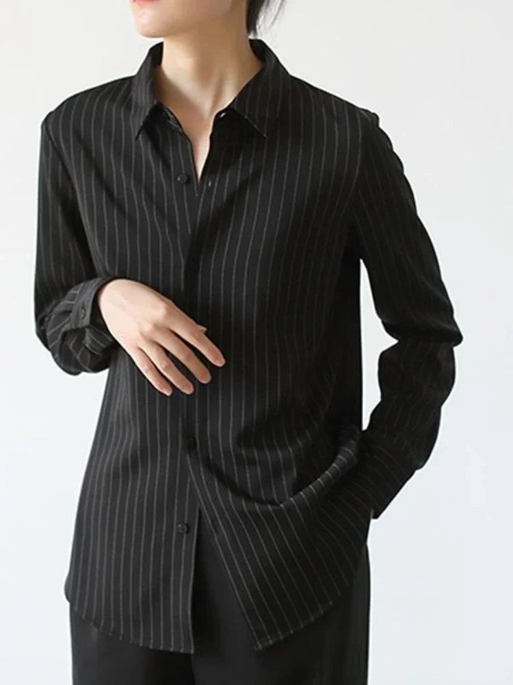 Blusa feminina listrada francesa 2025 primavera nova moda solta camisas pretas para mulheres vertical elegante tops de manga comprida para mulheres