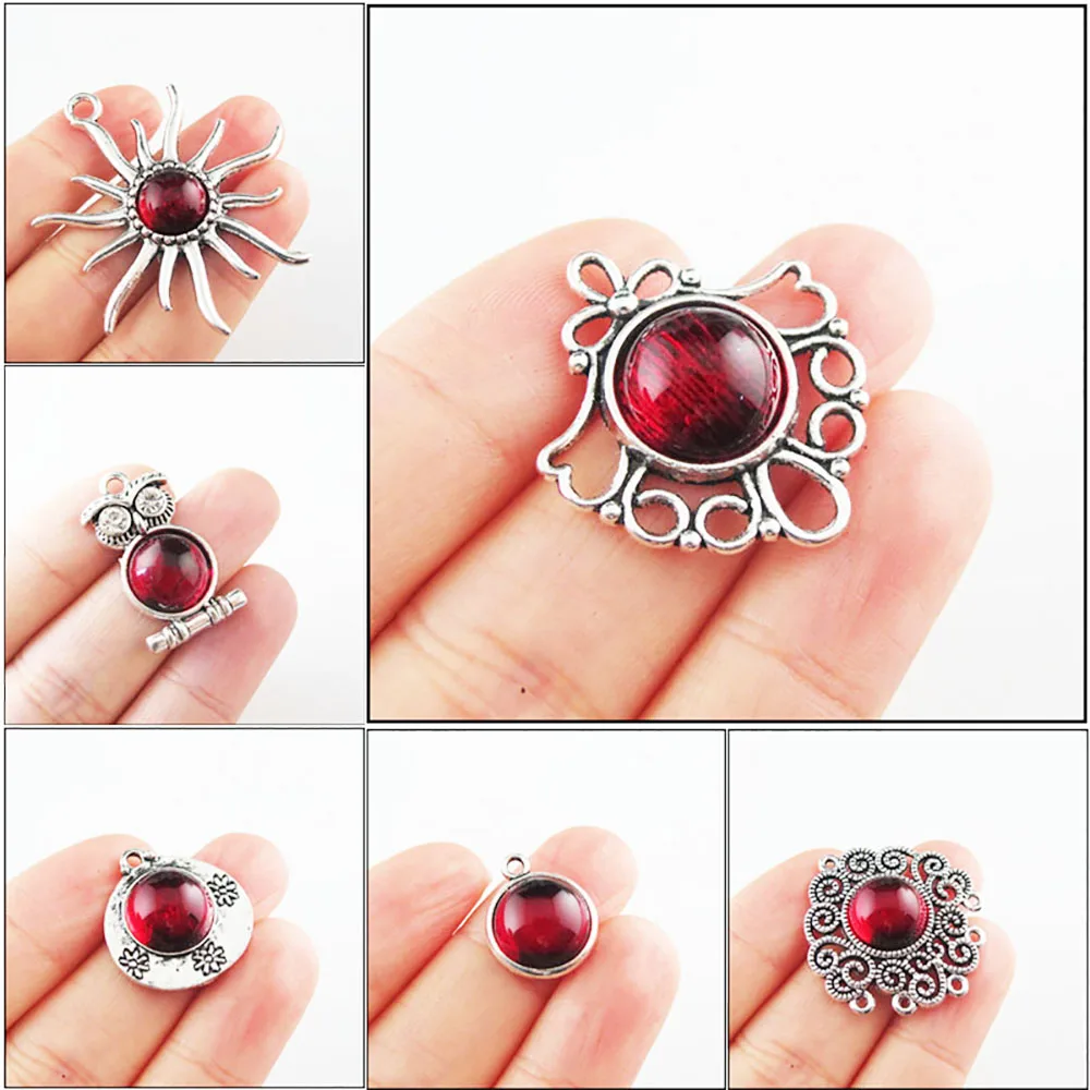 SunFlower Animal Cat Heart Flower Tortoise Charms Round 12mm Red Glaze Tibetan Silver Plated HCJBAB